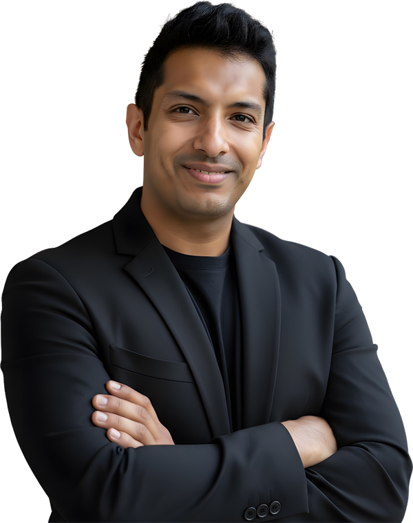 Karthik wearing black suit crossed arms